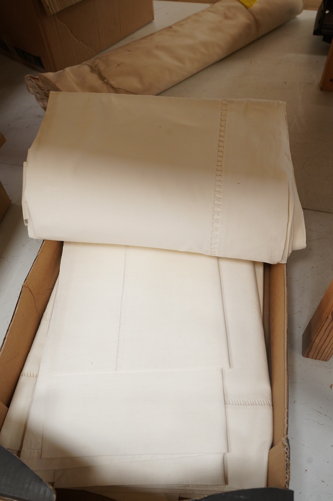 Five French provincial coarse linen drawn thread and monogrammed French top sheets